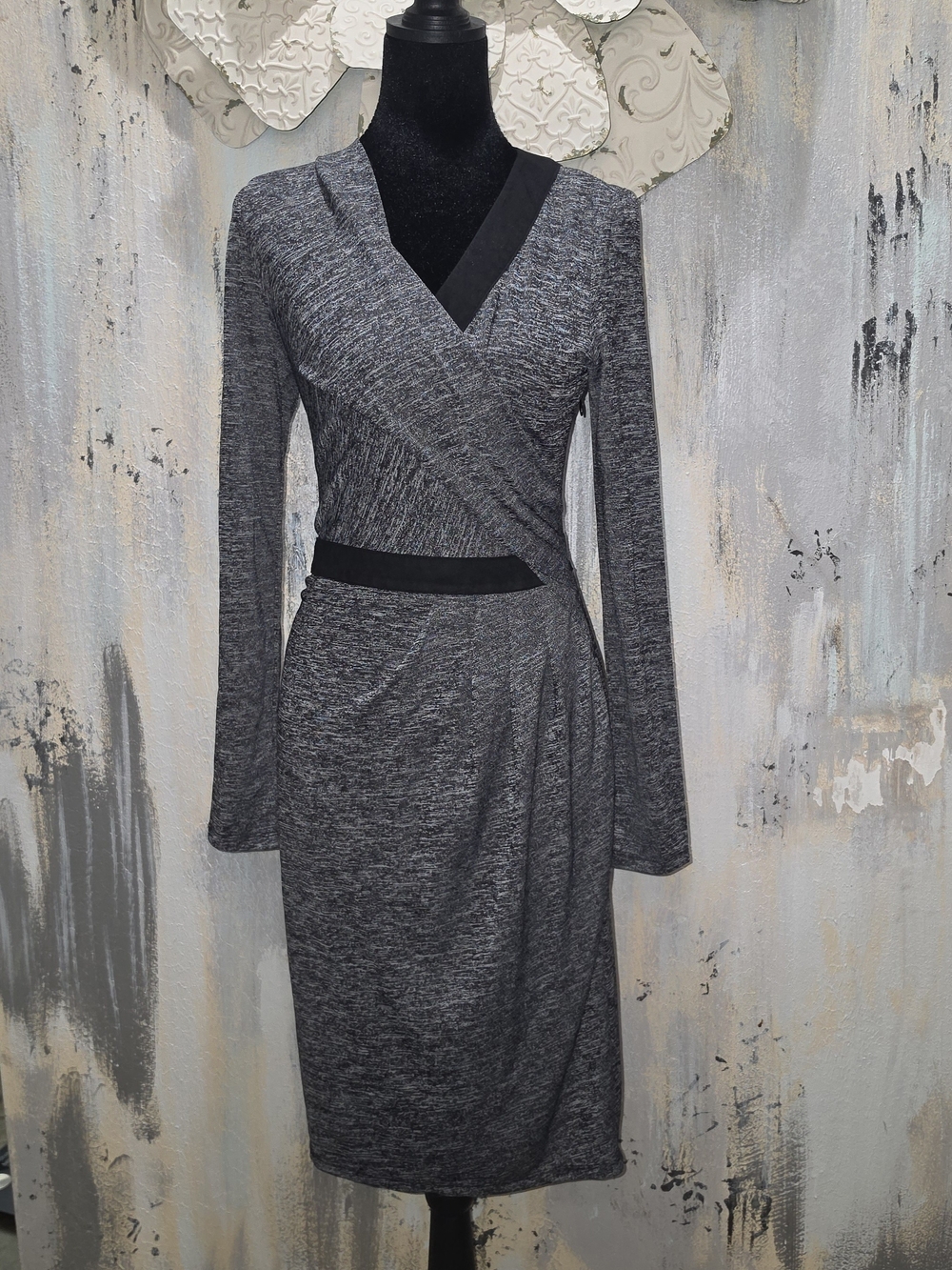 Adrianna Papell Heather Gray Faux-Wrap Long Sleeve Dress with Black Accents